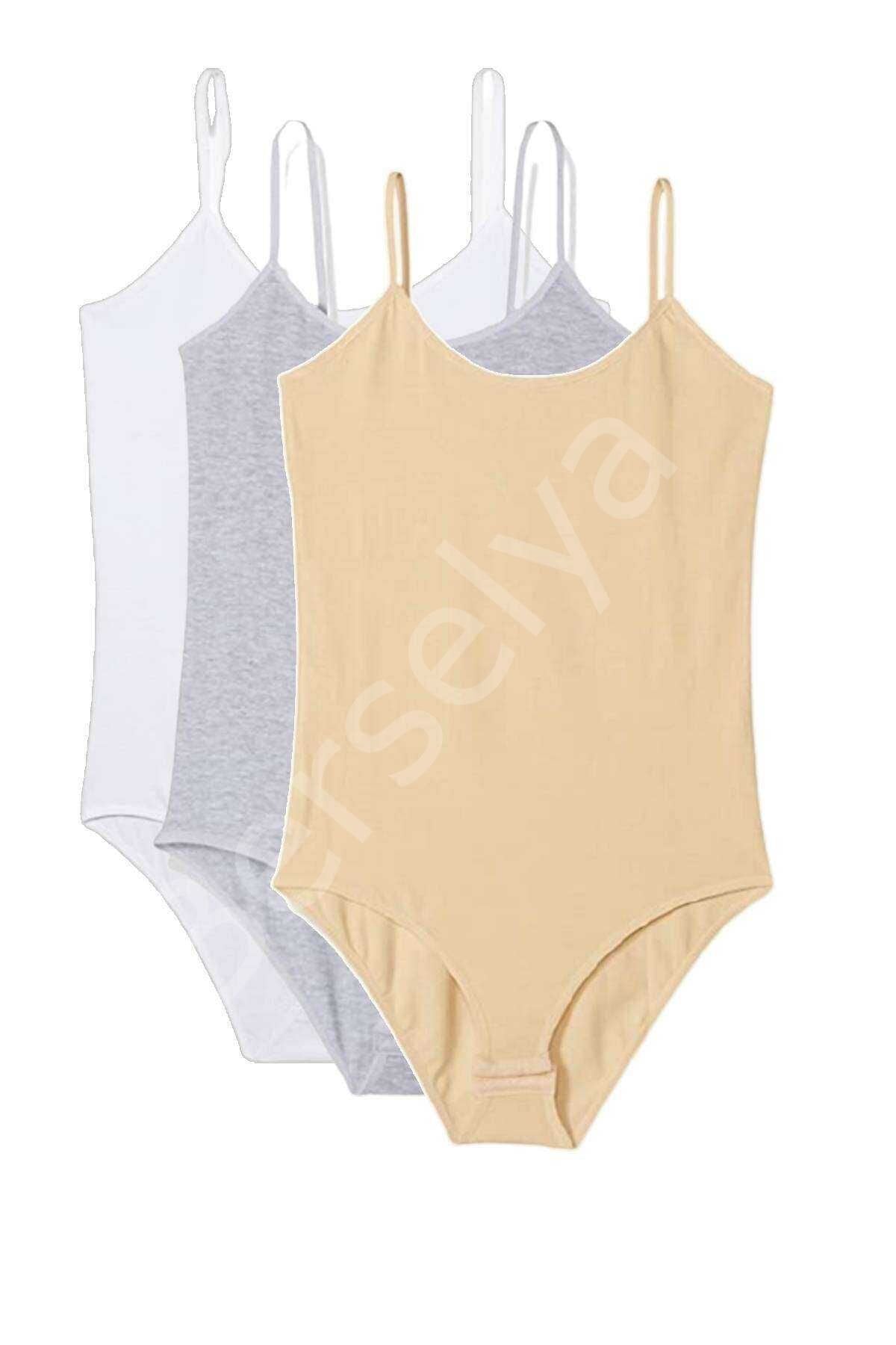 3 Adet İp Askılı Kadın Çıtçıtlı Body Beyaz Gri Ten XL
