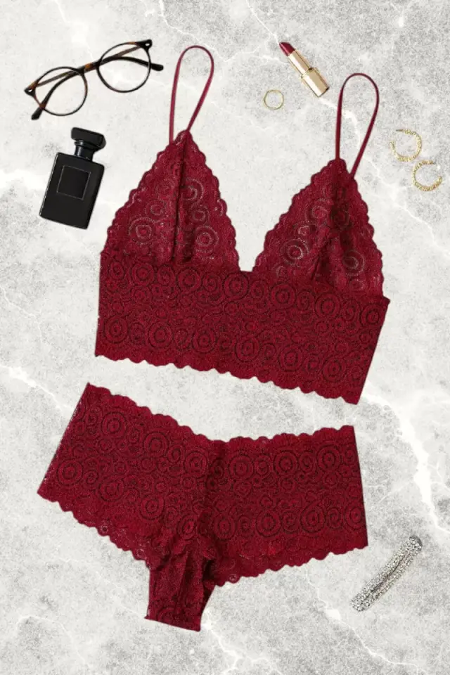 Bordo Dantel Bralet Şort Takımı Askılı Şık Kadın Ev Giyim