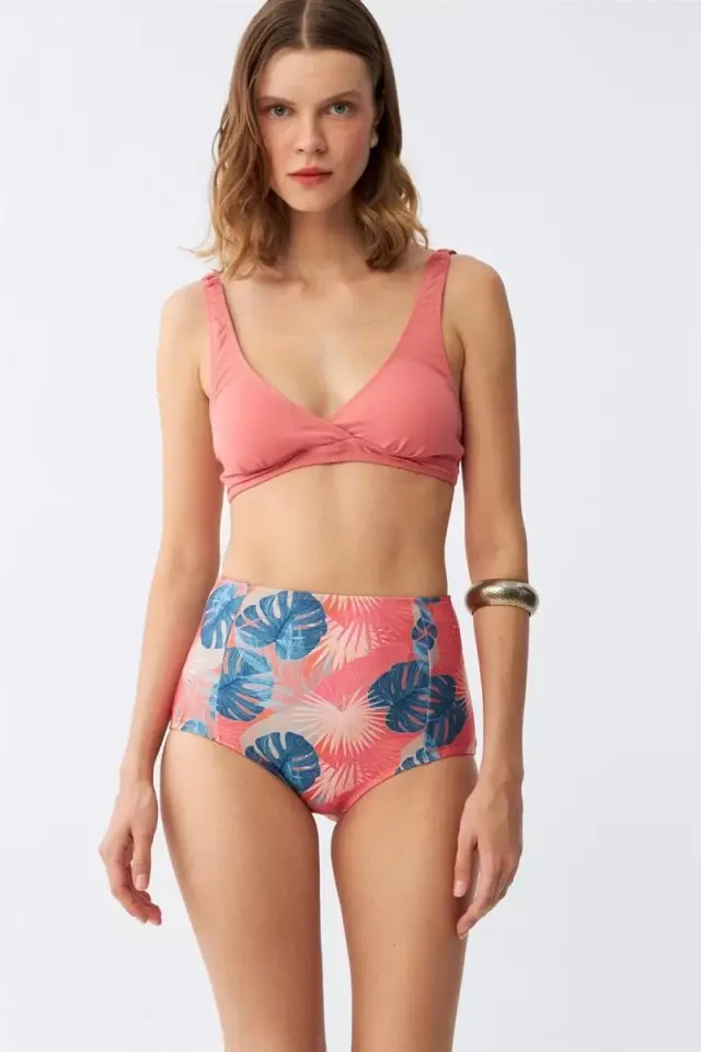Kadın Somon Pedli Üst Ve Tropik Desenli Yüksek Bel Bikini Takımı