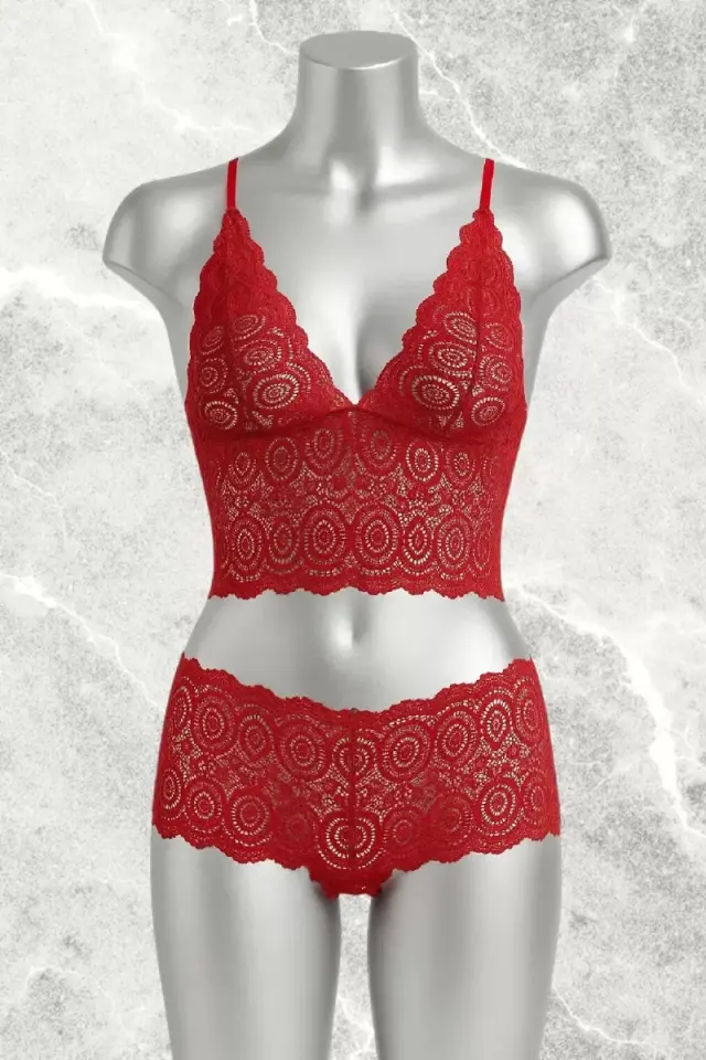 Kırmızı Dantel Bralet Şort Takımı Askılı Şık Kadın Ev Giyim