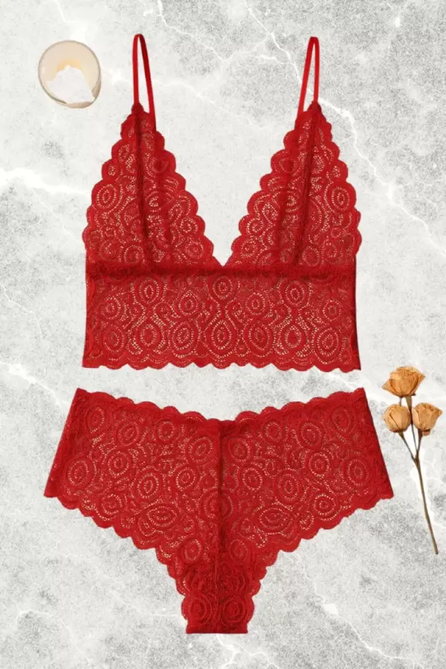 Kırmızı Dantel Bralet Şort Takımı Askılı Şık Kadın Ev Giyim
