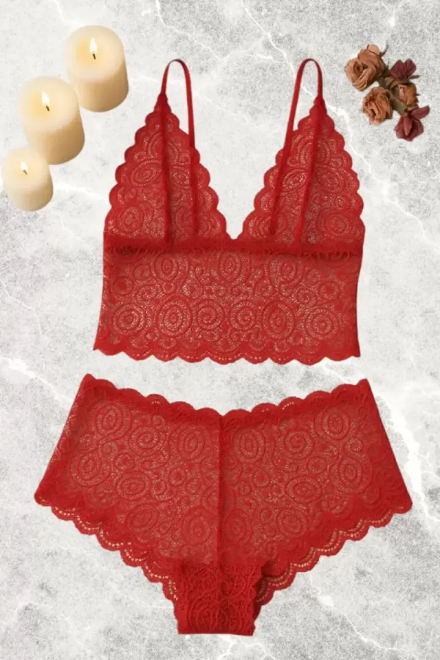 Kırmızı Dantel Bralet Şort Takımı Askılı Şık Kadın Ev Giyim