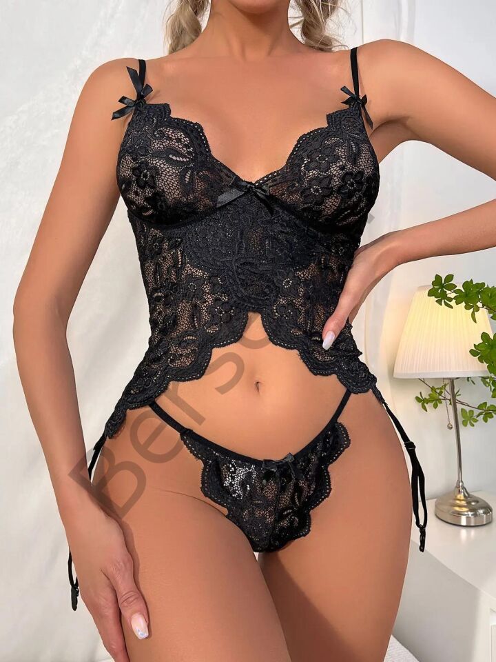 Özel Tasarım Arkadan Bağcıklı Fantezi Siyah Jartiyer Takım