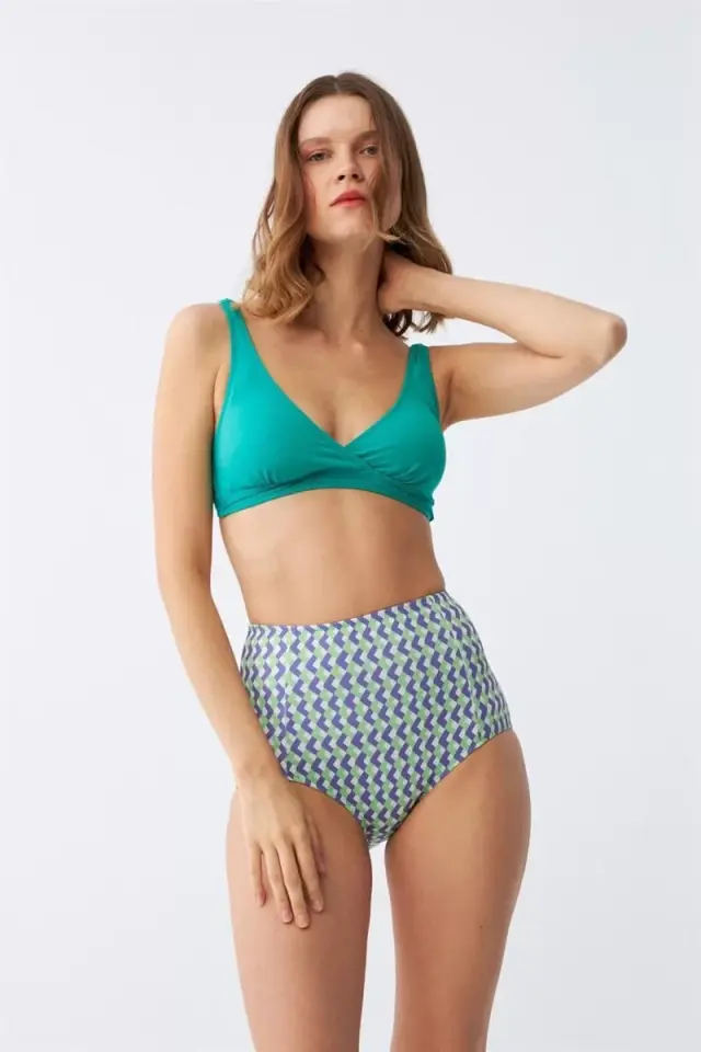 Kadın Yeşil Pedli Geometrik Desenli Yüksek Bel Bikini Takımı