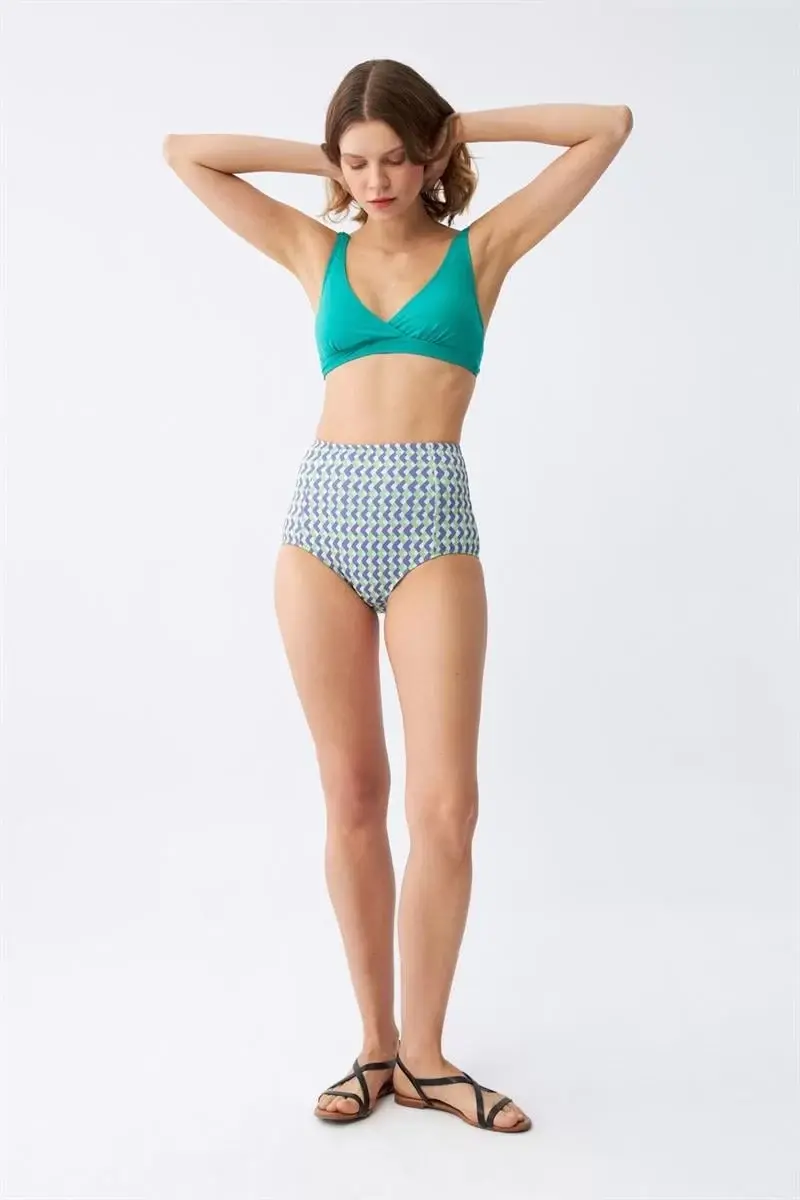 Kadın Yeşil Pedli Geometrik Desenli Yüksek Bel Bikini Takımı