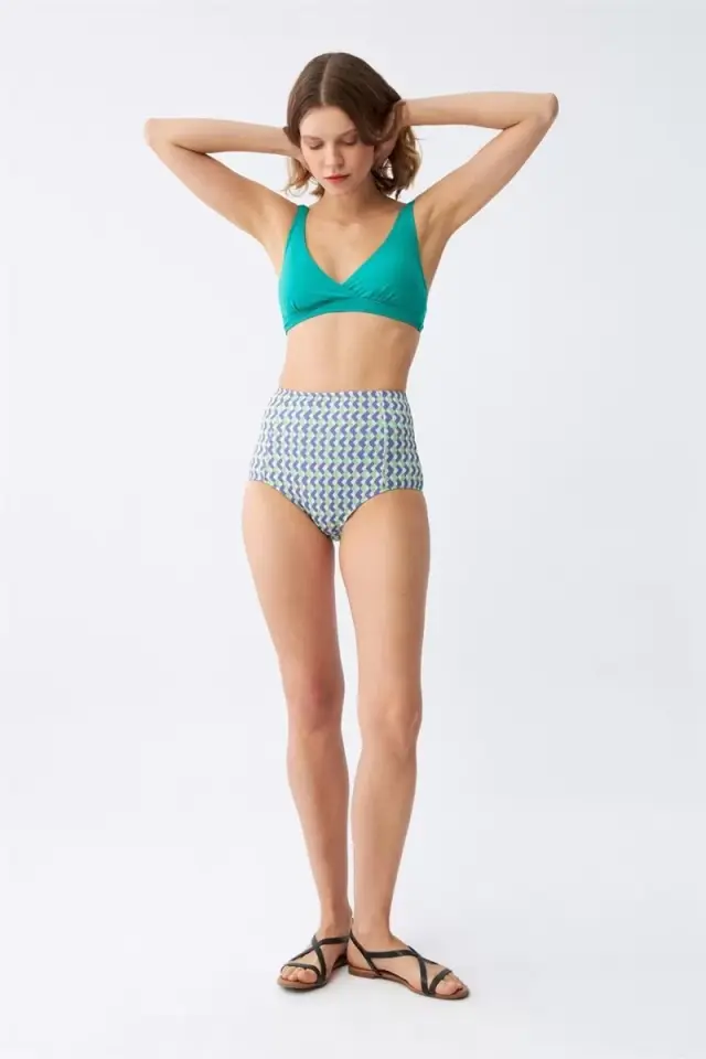 Kadın Yeşil Pedli Geometrik Desenli Yüksek Bel Bikini Takımı