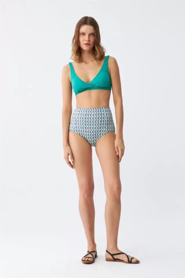 Kadın Yeşil Pedli Geometrik Desenli Yüksek Bel Bikini Takımı