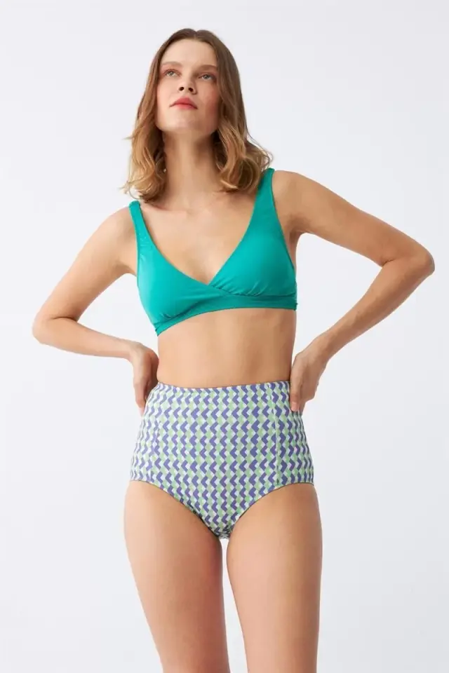 Kadın Yeşil Pedli Geometrik Desenli Yüksek Bel Bikini Takımı