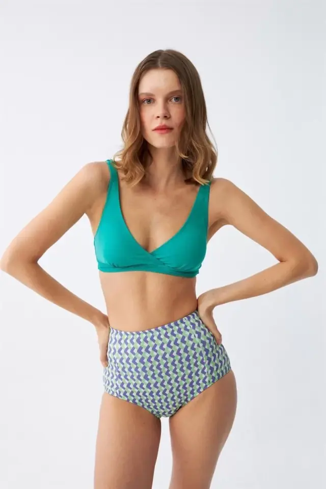Kadın Yeşil Pedli Geometrik Desenli Yüksek Bel Bikini Takımı