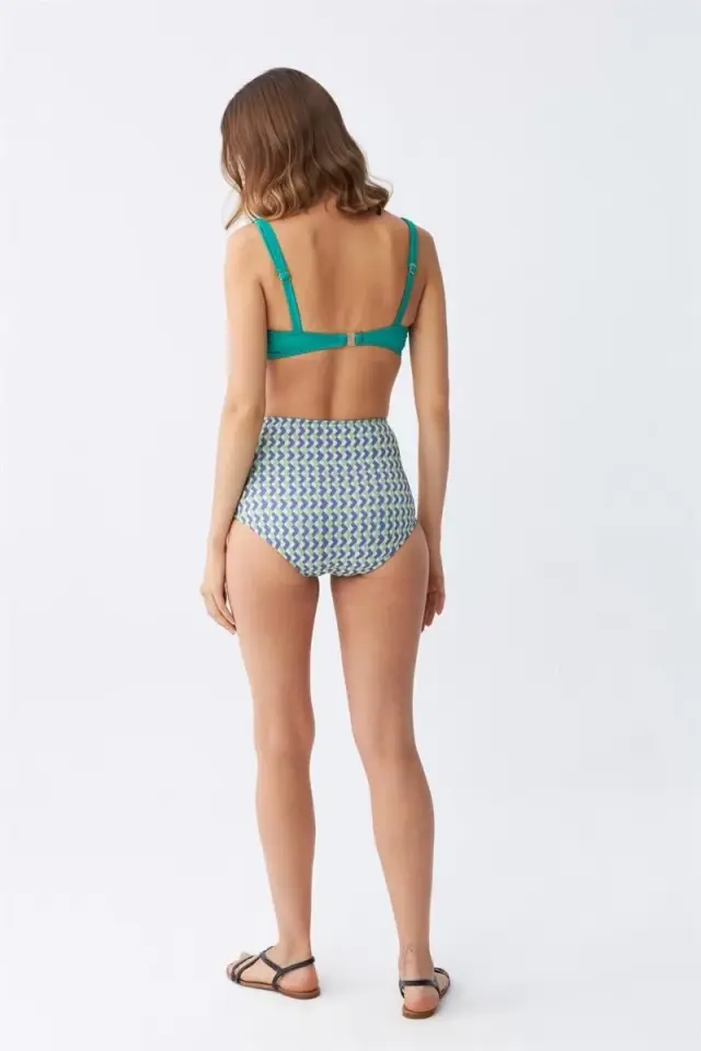 Kadın Yeşil Pedli Geometrik Desenli Yüksek Bel Bikini Takımı