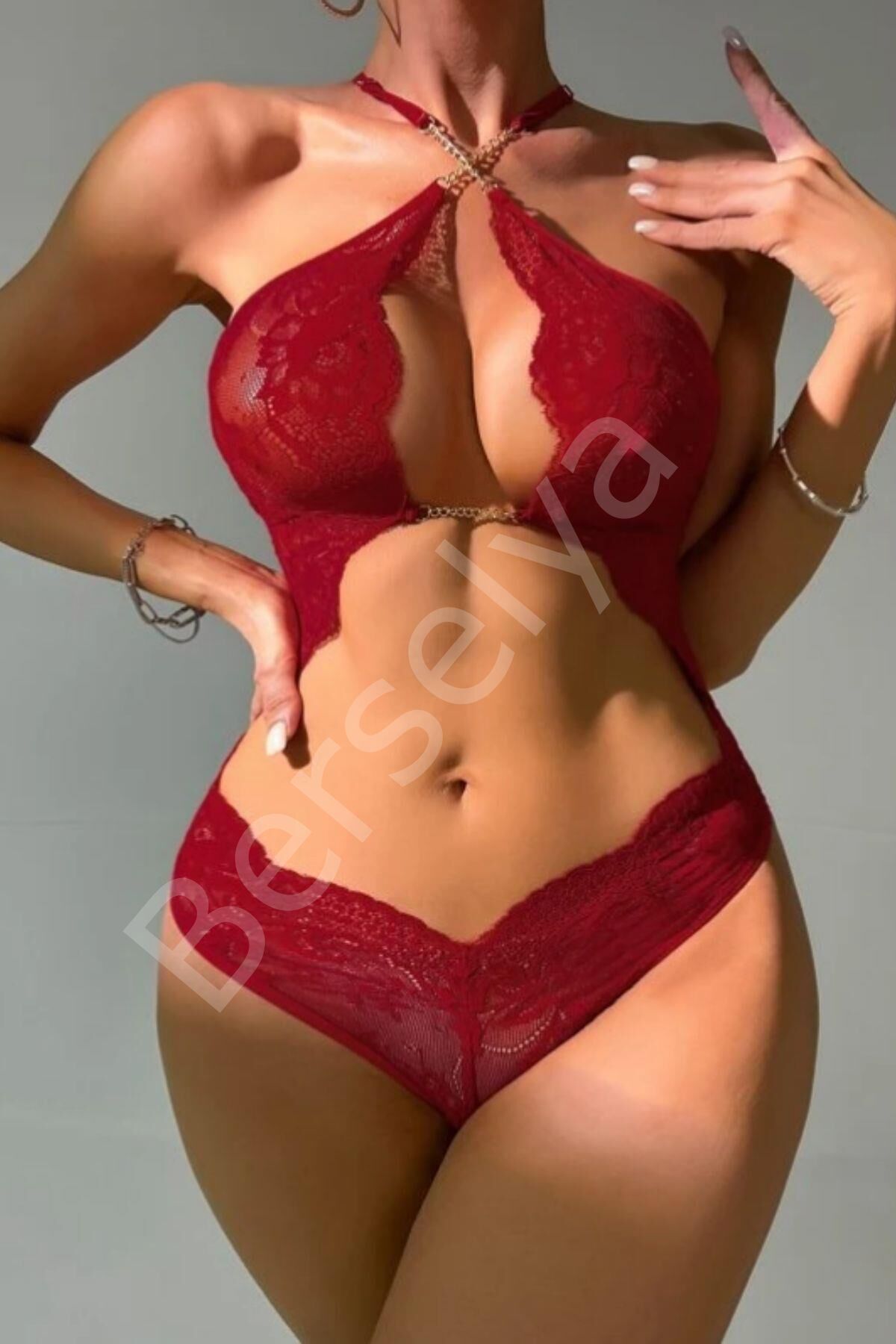 Bordo Boyundan Askılı Zincirli Dantel Babydoll 16052