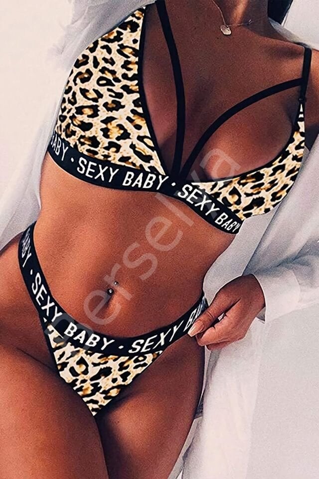 Kadın Leopar Desenli Yazı Detaylı Ipli Sütyen Takımı