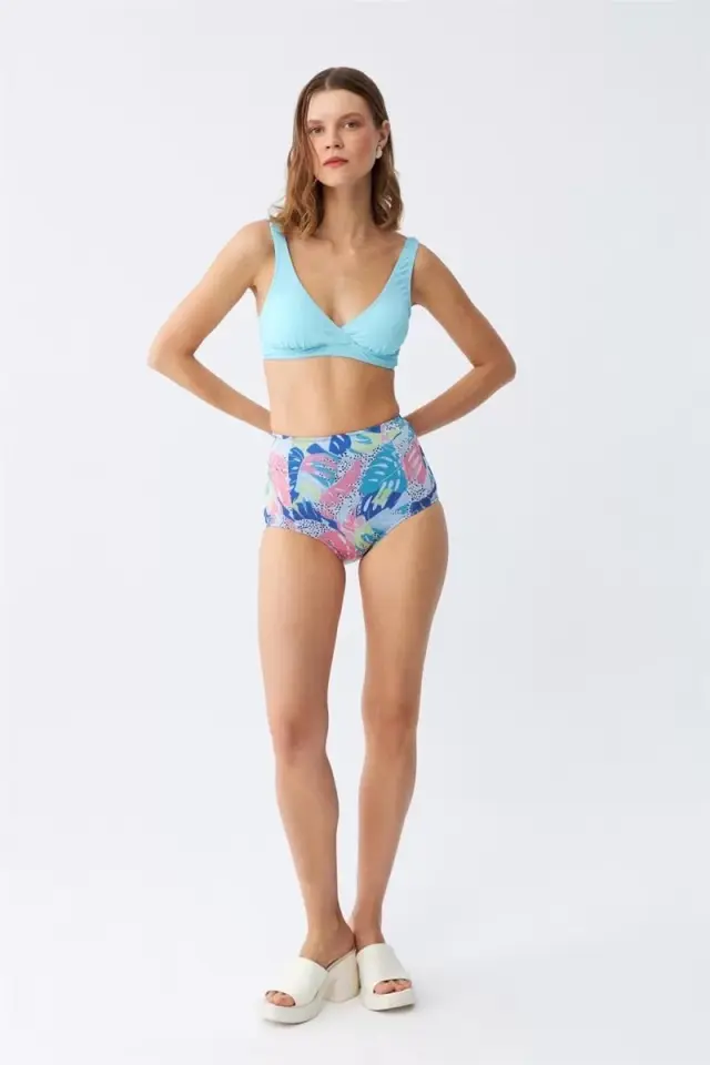 Kadın Pedli Üst Tropik Desenli Yüksek Bel Bikini Takımı - Buz Mavisi