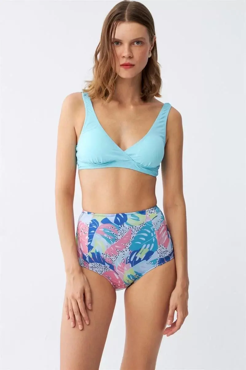 Kadın Pedli Üst Tropik Desenli Yüksek Bel Bikini Takımı - Buz Mavisi