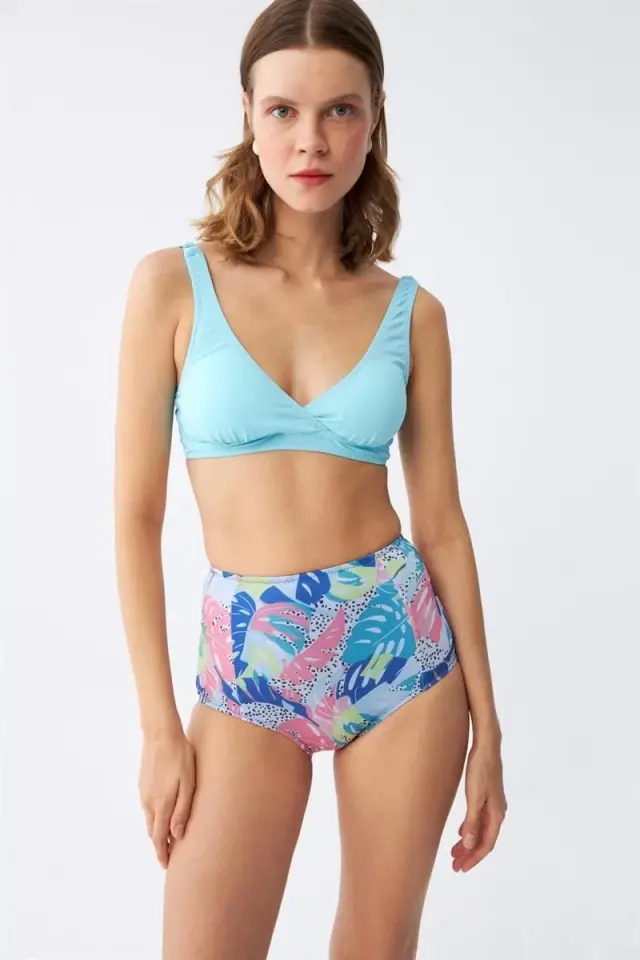 Kadın Pedli Üst Tropik Desenli Yüksek Bel Bikini Takımı - Buz Mavisi