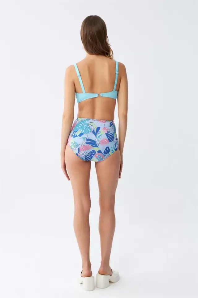 Kadın Pedli Üst Tropik Desenli Yüksek Bel Bikini Takımı - Buz Mavisi