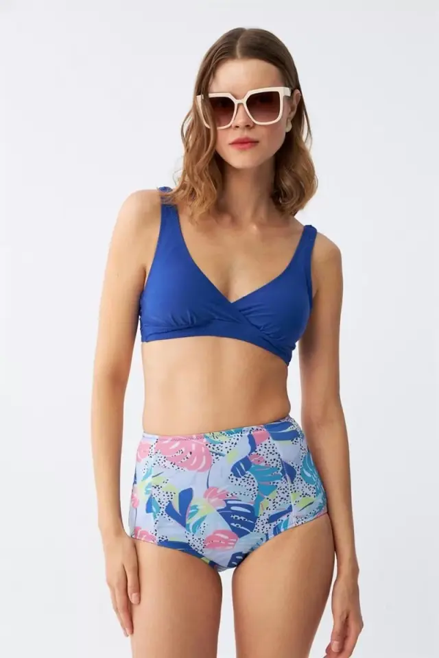 Kadın Pedli Yaprak Desenli Yüksek Bel Sax Bikini Takımı