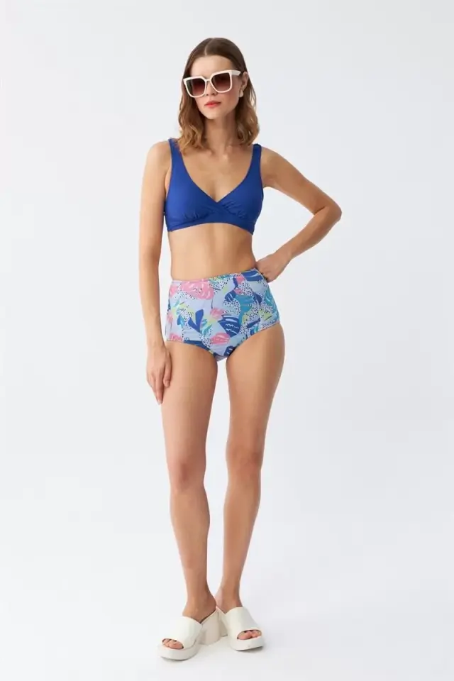Kadın Pedli Yaprak Desenli Yüksek Bel Sax Bikini Takımı