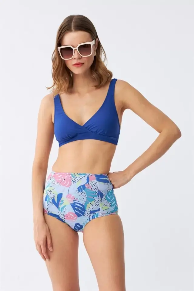 Kadın Pedli Yaprak Desenli Yüksek Bel Sax Bikini Takımı