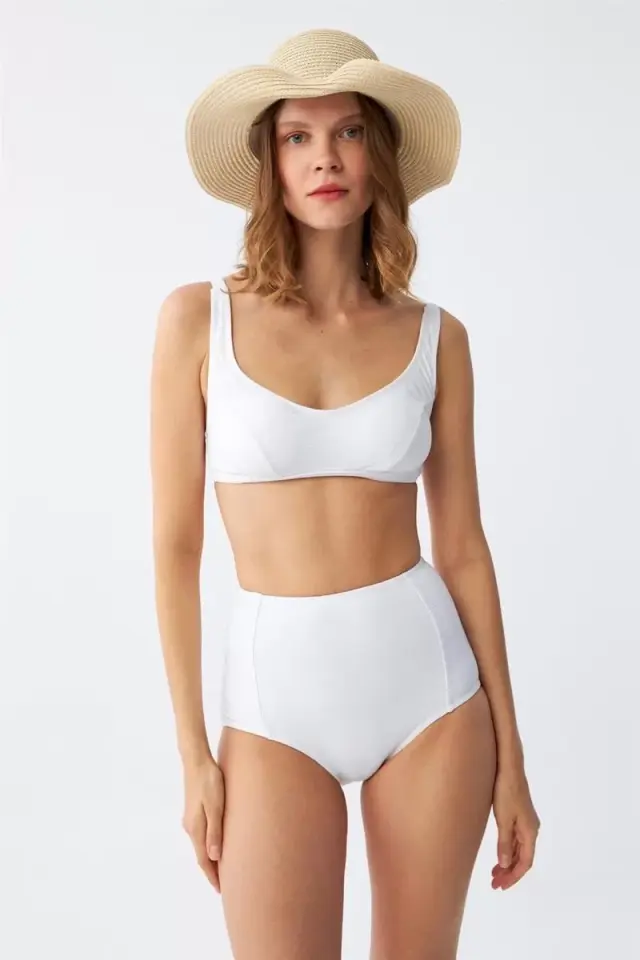 Kadın Basic Beyaz Pedli Yüksek Bel Bikini Takımı