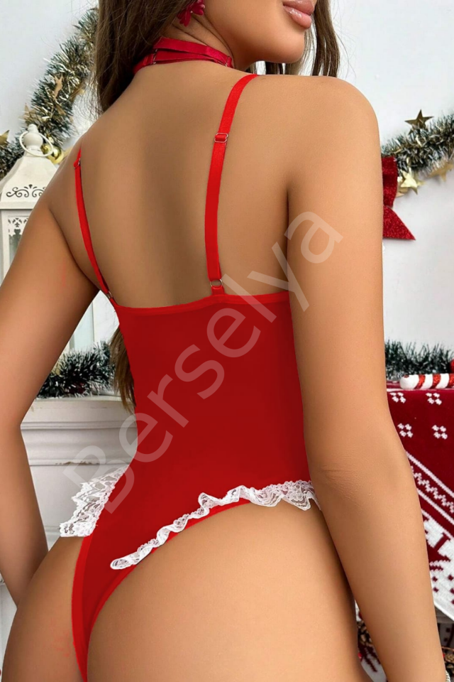 Kırmızı Yılbaşı Temalı Seksi Kostüm bodysuit 15082