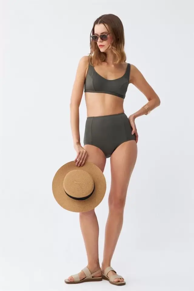 Kadın Basic Haki Pedli Yüksek Bel Bikini Takımı