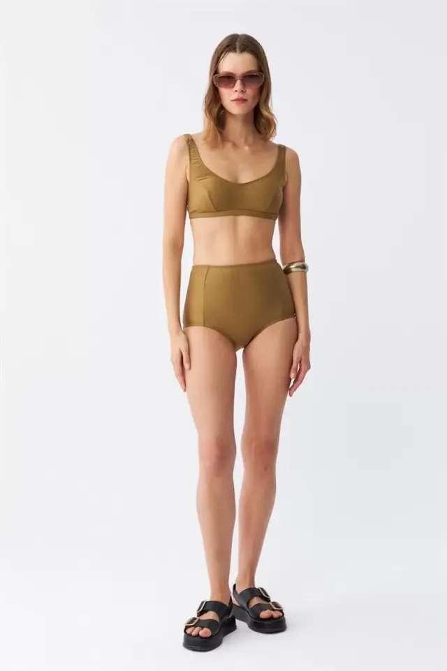Kadın Basic Hardal Pedli Yüksek Bel Bikini Takımı