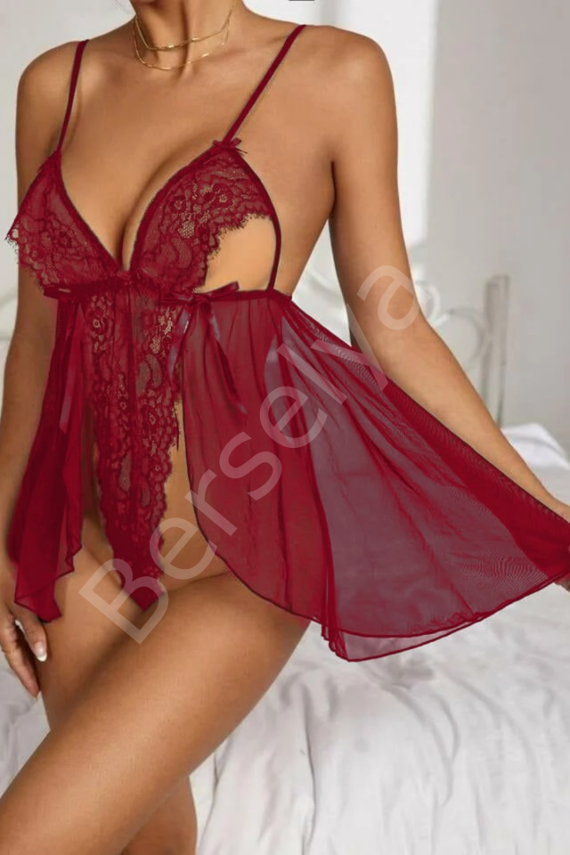Bordo Dantel Özel Tasarım Bodysuit Gecelik 15523