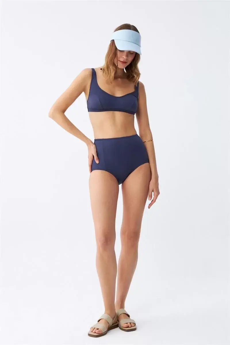 Kadın Basic Lacivert Pedli Yüksek Bel Bikini Takımı