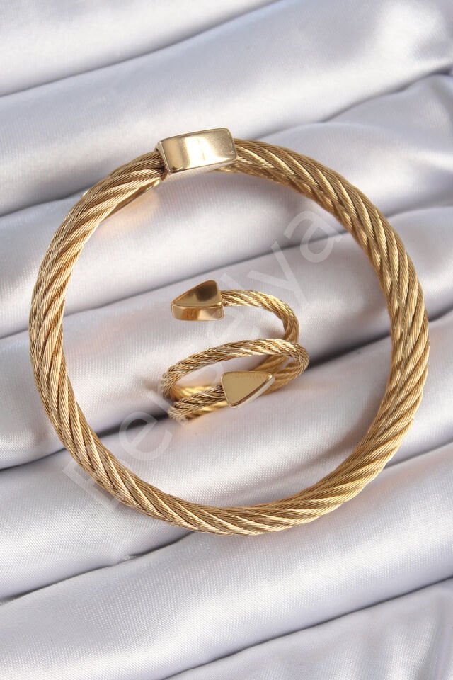 316L Çelik Gold Renk Sarmal Model Erkek Bileklik Yüzük Kombini