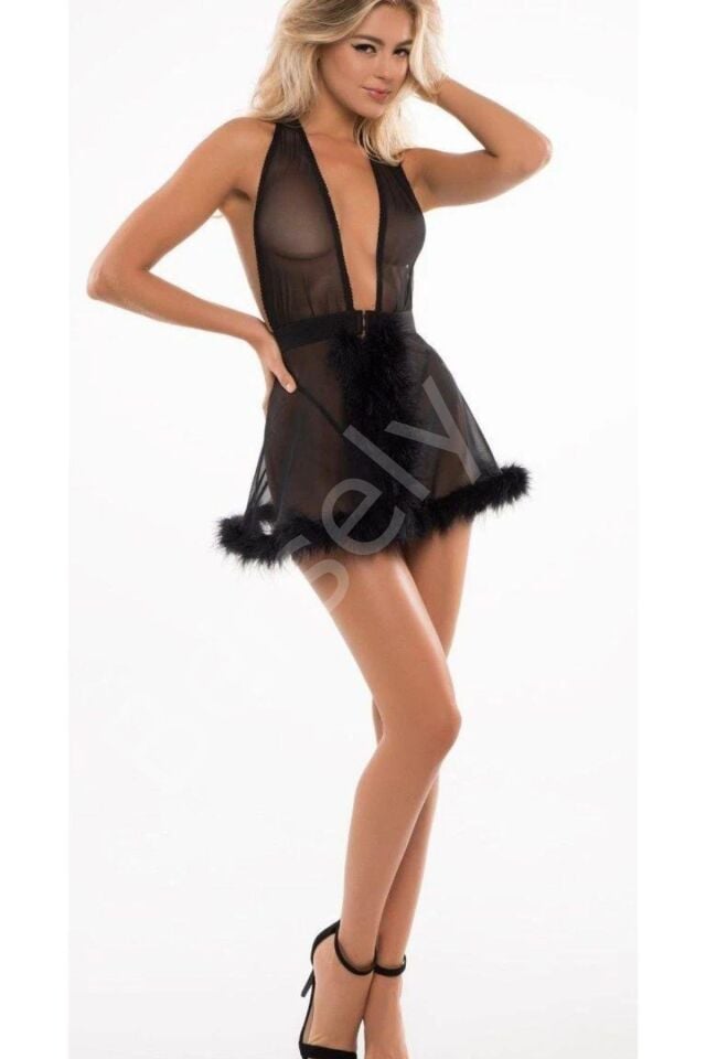 Siyah Derin Dekolteli Peluş Detaylı Likralı Tül Gecelik 15533