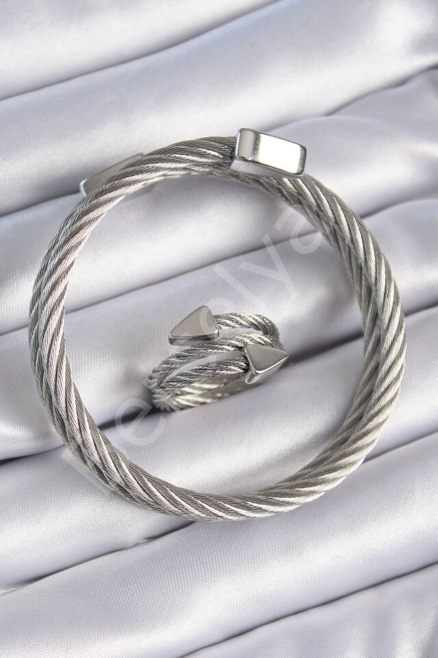 316L Çelik Gümüş Renk Sarmal Model Erkek Bileklik Yüzük Kombini