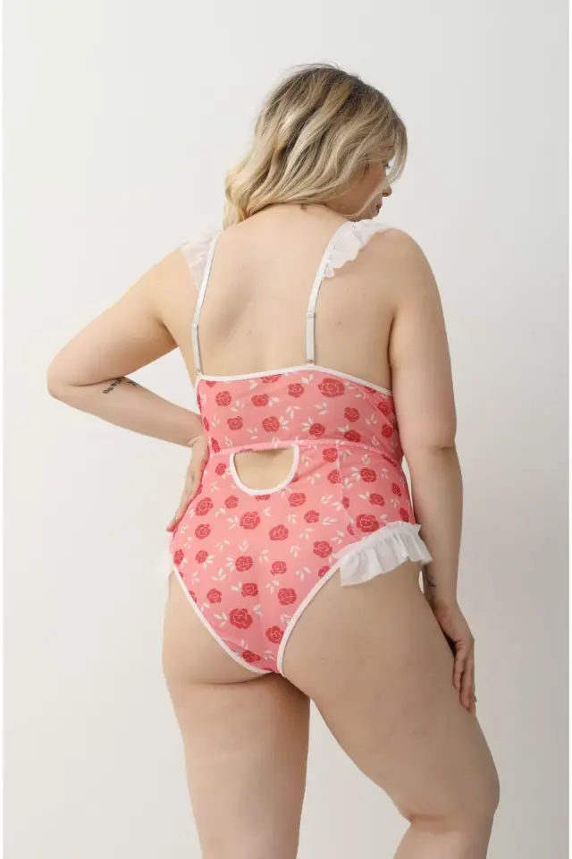 Büyük Beden Seksi Pembe Çiçek Desenli Babydoll Gecelik