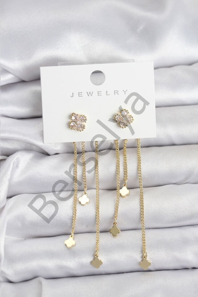 Pirinç Gold Renk Yonca Model Sallantılı Kadın Küpe
