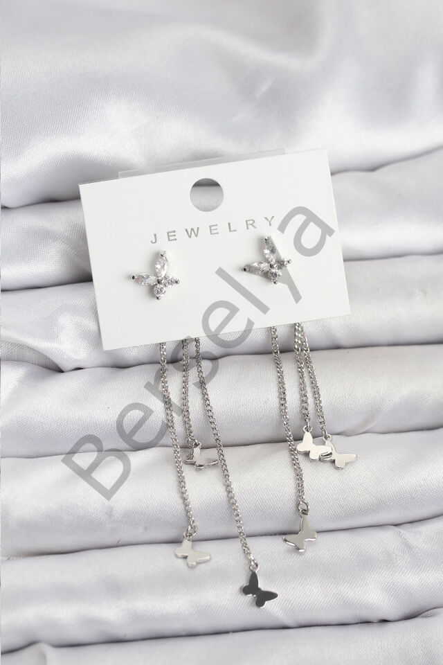 Kelebek Model Gümüş Renk Pirinç Sallantılı Kadın Küpe