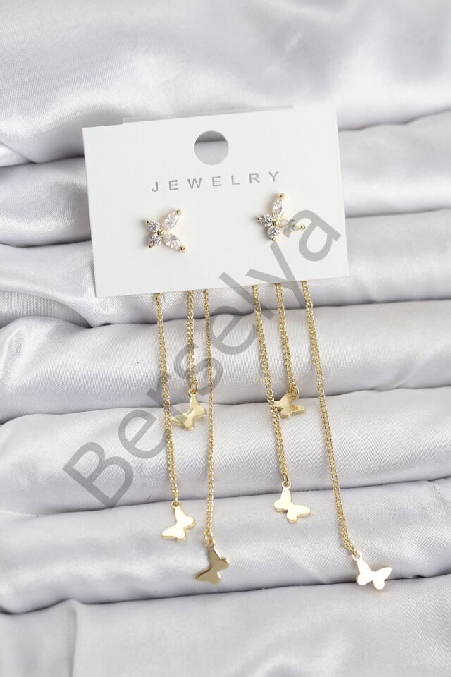 Kelebek Model Gold Renk Pirinç Sallantılı Kadın Küpe