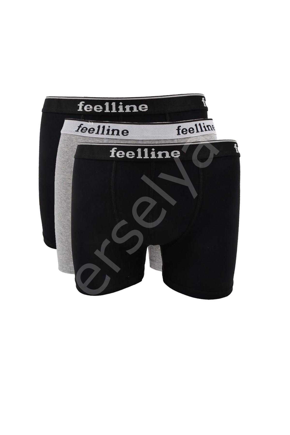 3 adet Feelline Siyah ve Gri Pamuklu Doğal Likralı Erkek Boxer XL