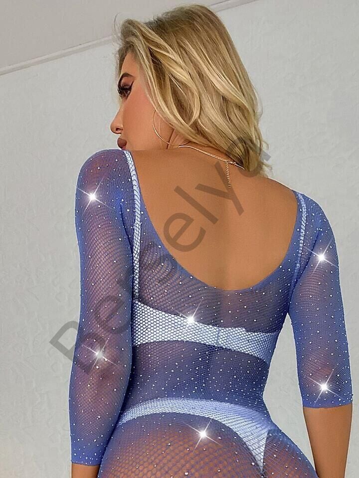 Özel Tasarım Taşlı Mavi Işıltılı Fantezi File Vücut Çorabı