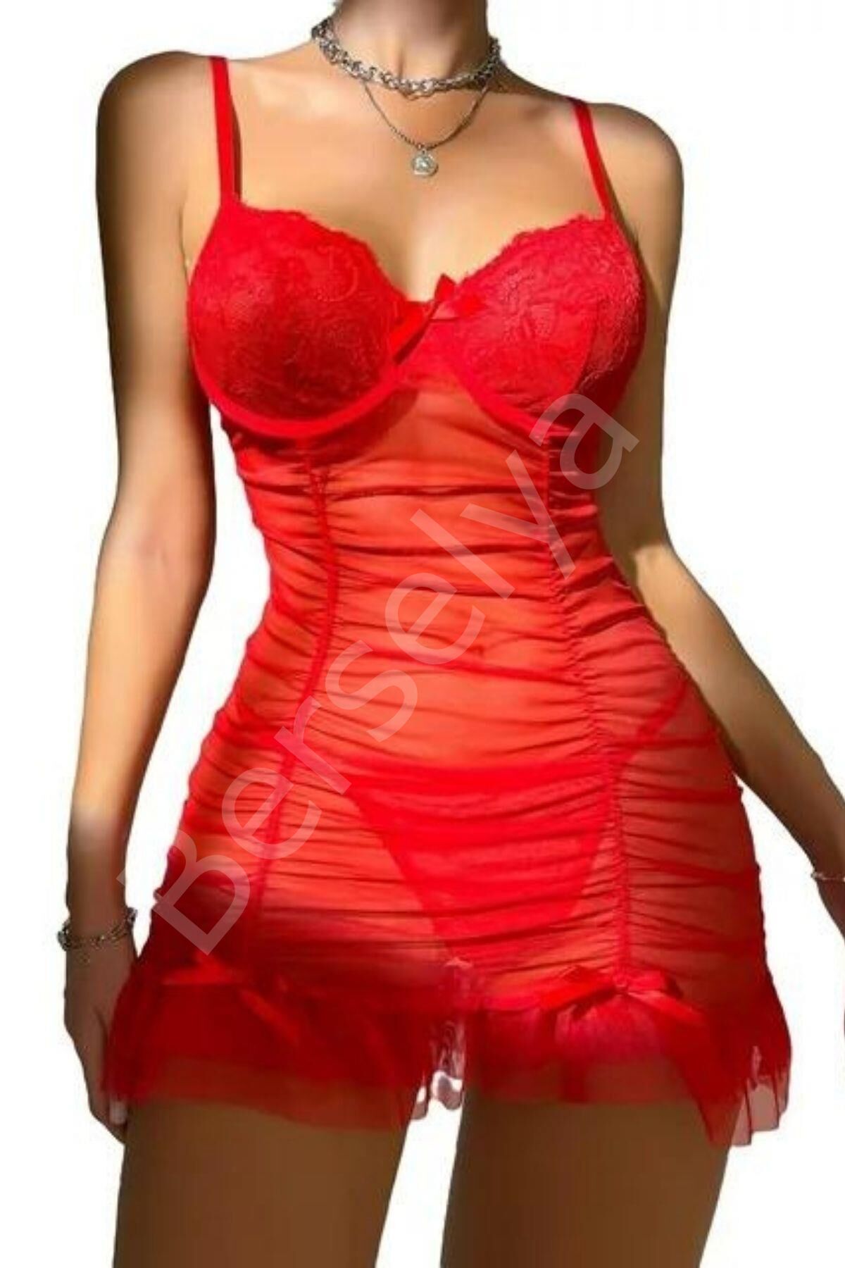 Kırmızı Likralı Transparan Tül Gecelik 15556