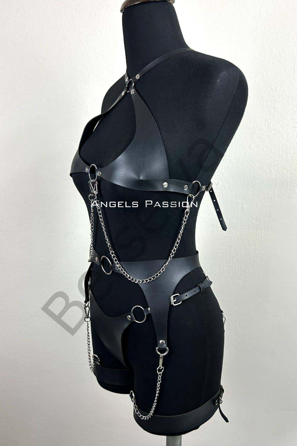 Zincir Detaylı Şık Deri Jartiyer Takım, Şık Fantezi Takım, Deri İç Giyim - Brf1219