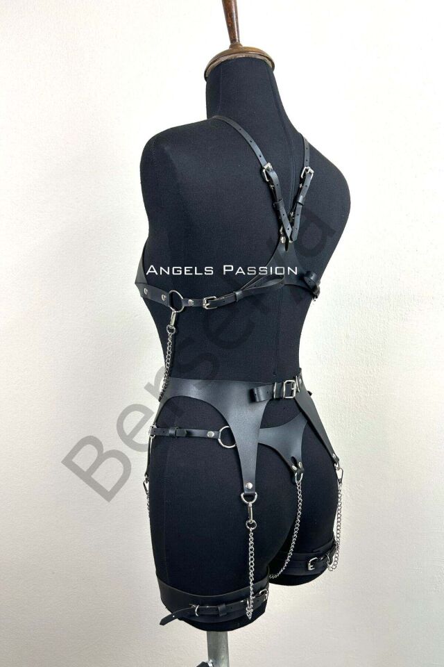 Zincir Detaylı Şık Deri Jartiyer Takım, Şık Fantezi Takım, Deri İç Giyim - Brf1219