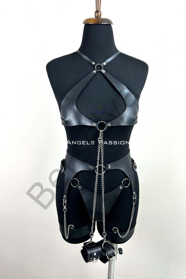 Zincir Detaylı Şık Deri Jartiyer Takım, Şık Fantezi Takım, Deri İç Giyim - Brf1219