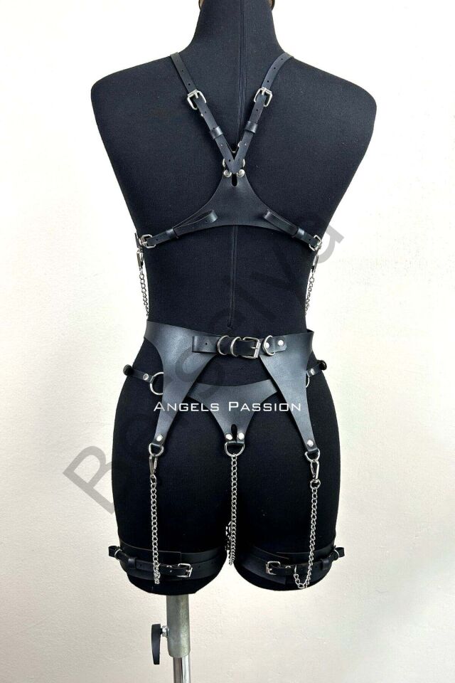 Zincir Detaylı Şık Deri Jartiyer Takım, Şık Fantezi Takım, Deri İç Giyim - Brf1219