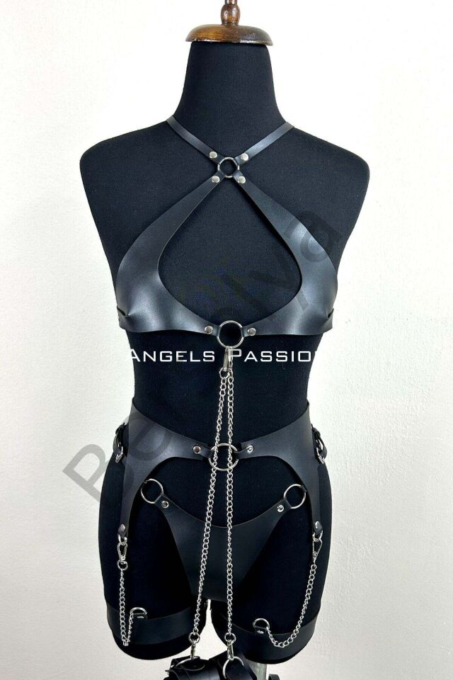 Zincir Detaylı Şık Deri Jartiyer Takım, Şık Fantezi Takım, Deri İç Giyim - Brf1219