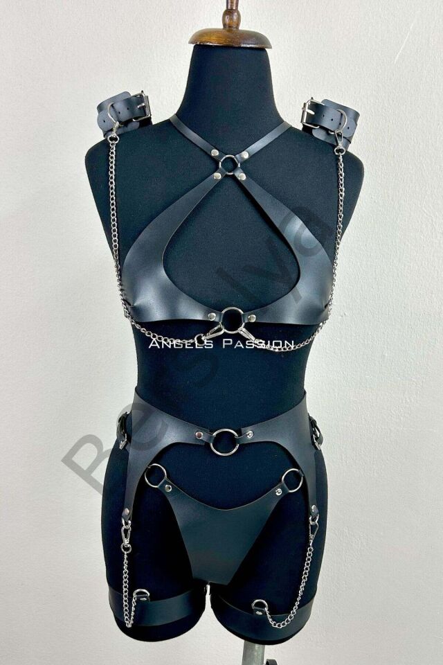 Zincir Detaylı Şık Deri Jartiyer Takım, Şık Fantezi Takım, Deri İç Giyim - Brf1219