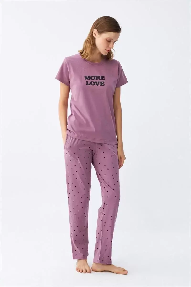 Kadın Mor Yıldız Desenli Penye Kısa Kol Pijama Takımı