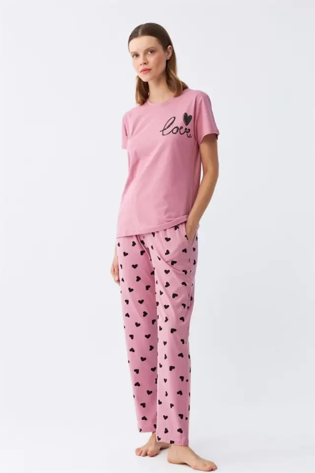 Kadın Somon Kalp Desenli Kısa Kollu Penye Pijama Takımı