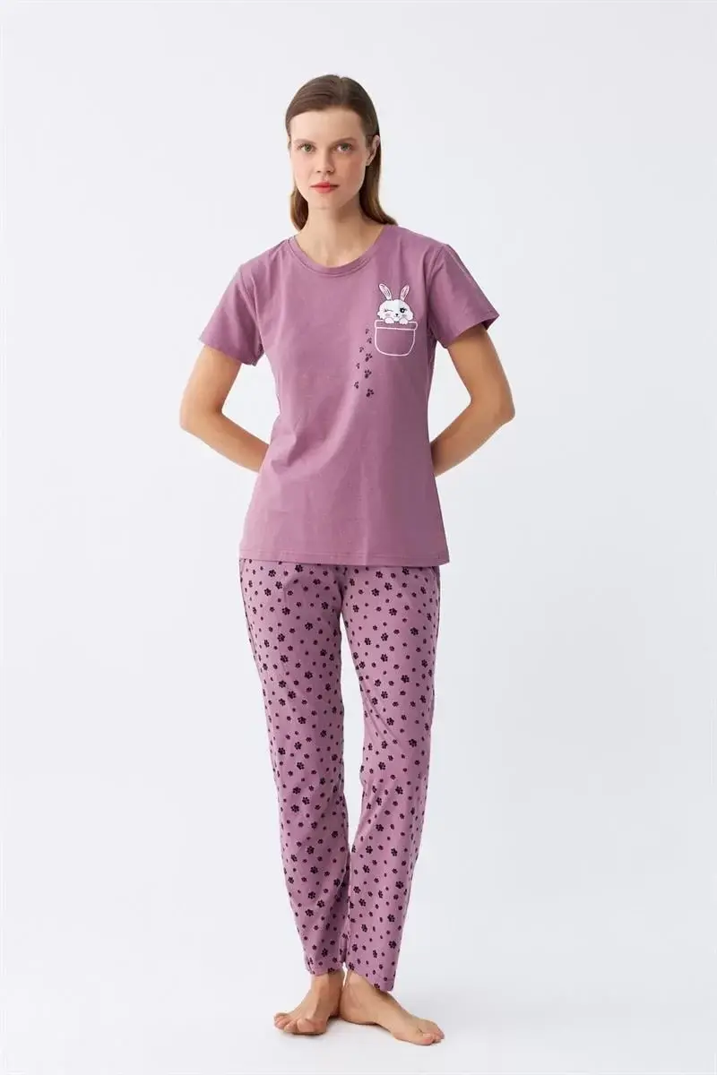 Kadın Mor Patili Tavşan Baskılı Cepli Pijama Takımı