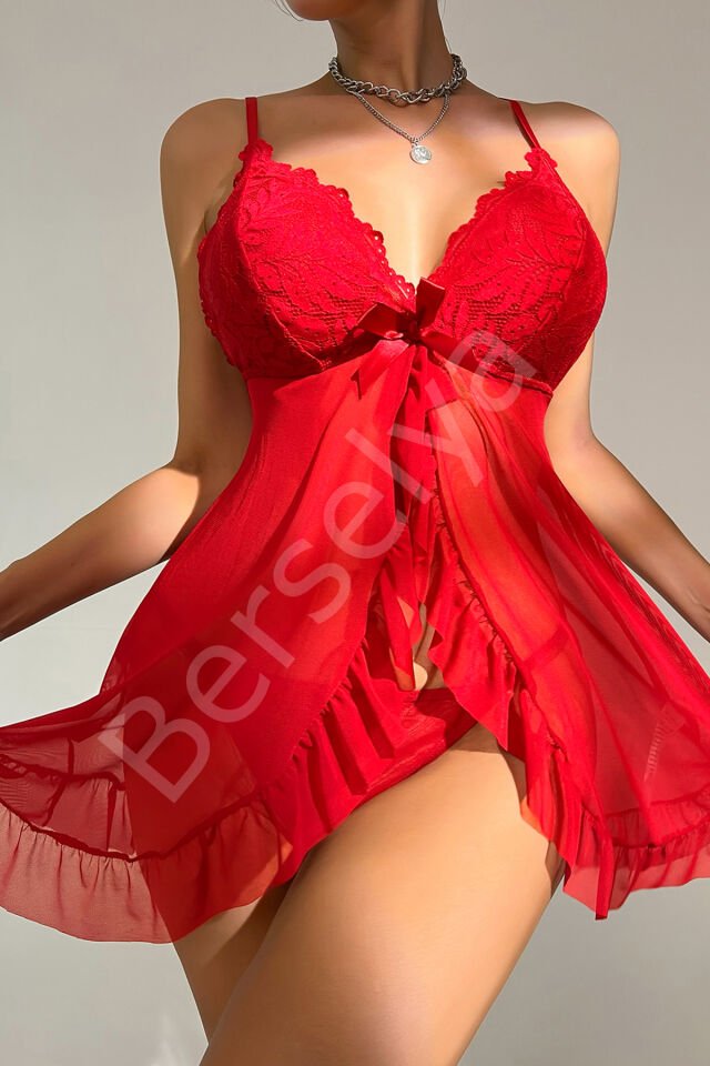 Kadın Kırmızı Dantelli, Fırfırlı Tül Ve Fiyonk Detaylı Tangalı Gecelik Takımı