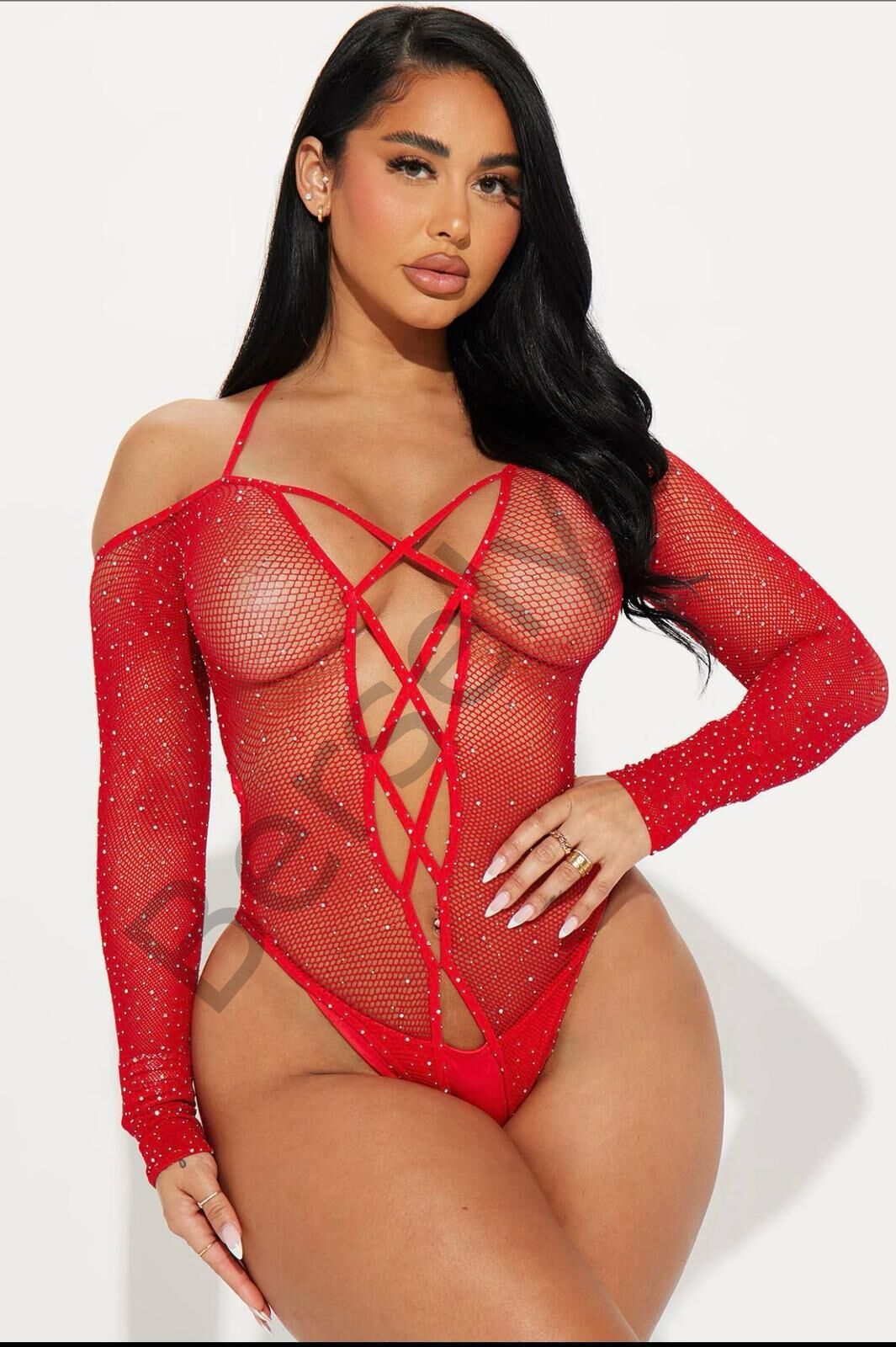 Özel Tasarım Kırmızı Taşlı Fantezi Vücut Çorabı